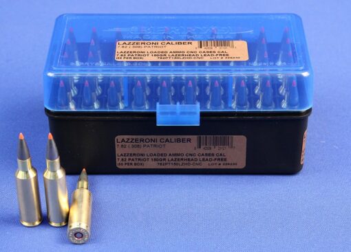 Lazzeroni® Factory Loaded Ammo Cal 7.82 (.308) Patriot® 150gr Lead-Free Lazerhead Projectile in CNC Machined Brass Cases (50)